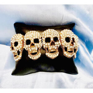Unsigned Gold Tone Rhinestone Skull Head  with Gold Tone Teeth Bracelet